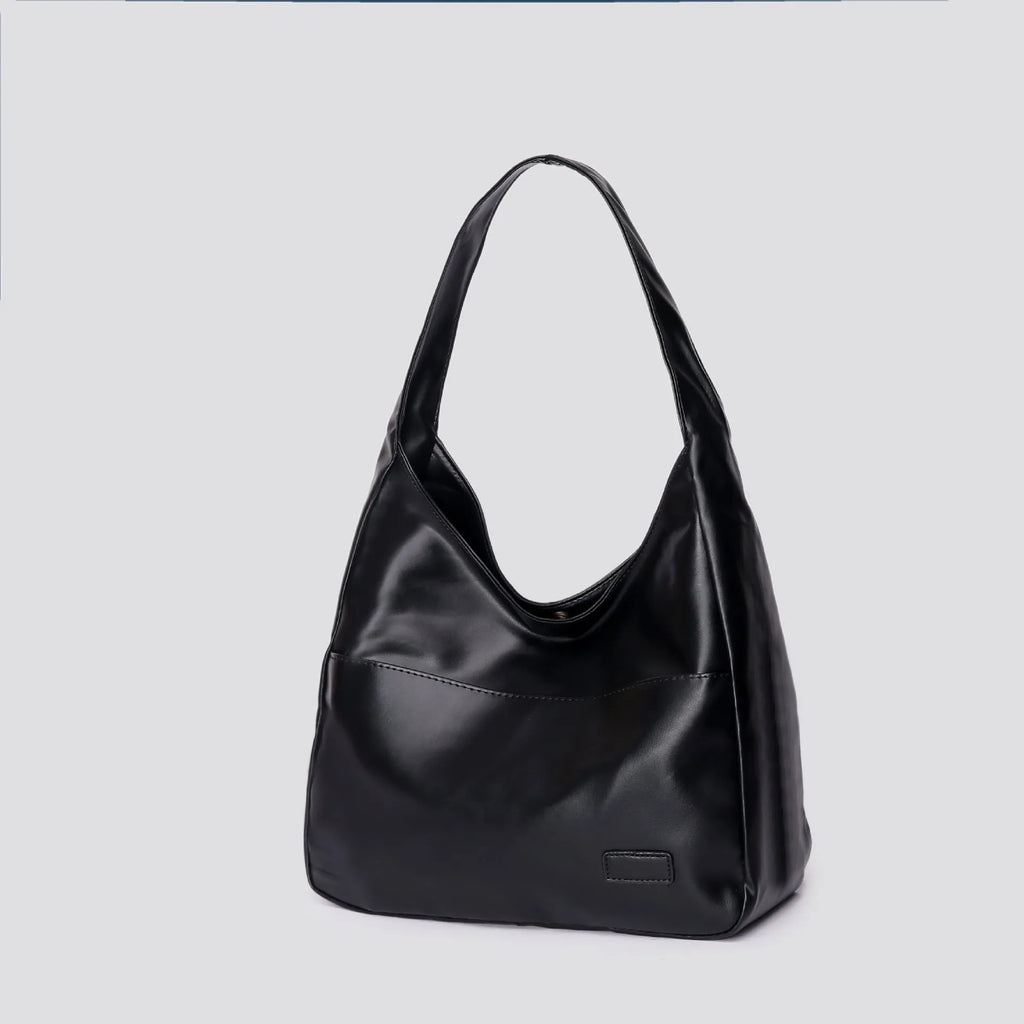 Women's soft PU leather retro shoulder bag in black with single strap and open pocket.