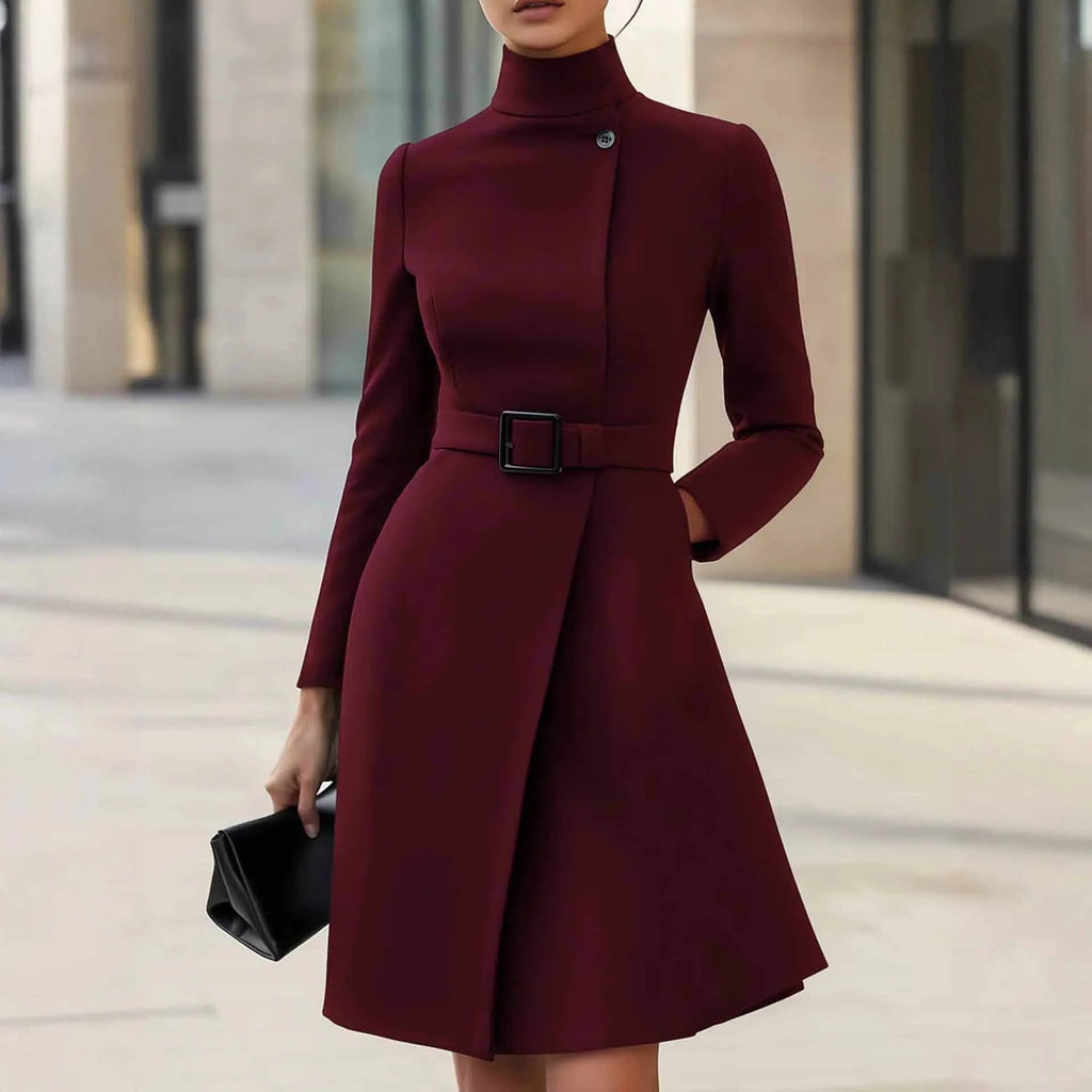 Women's long sleeve bohemian dress with high waist and stand collar in polyester fabric