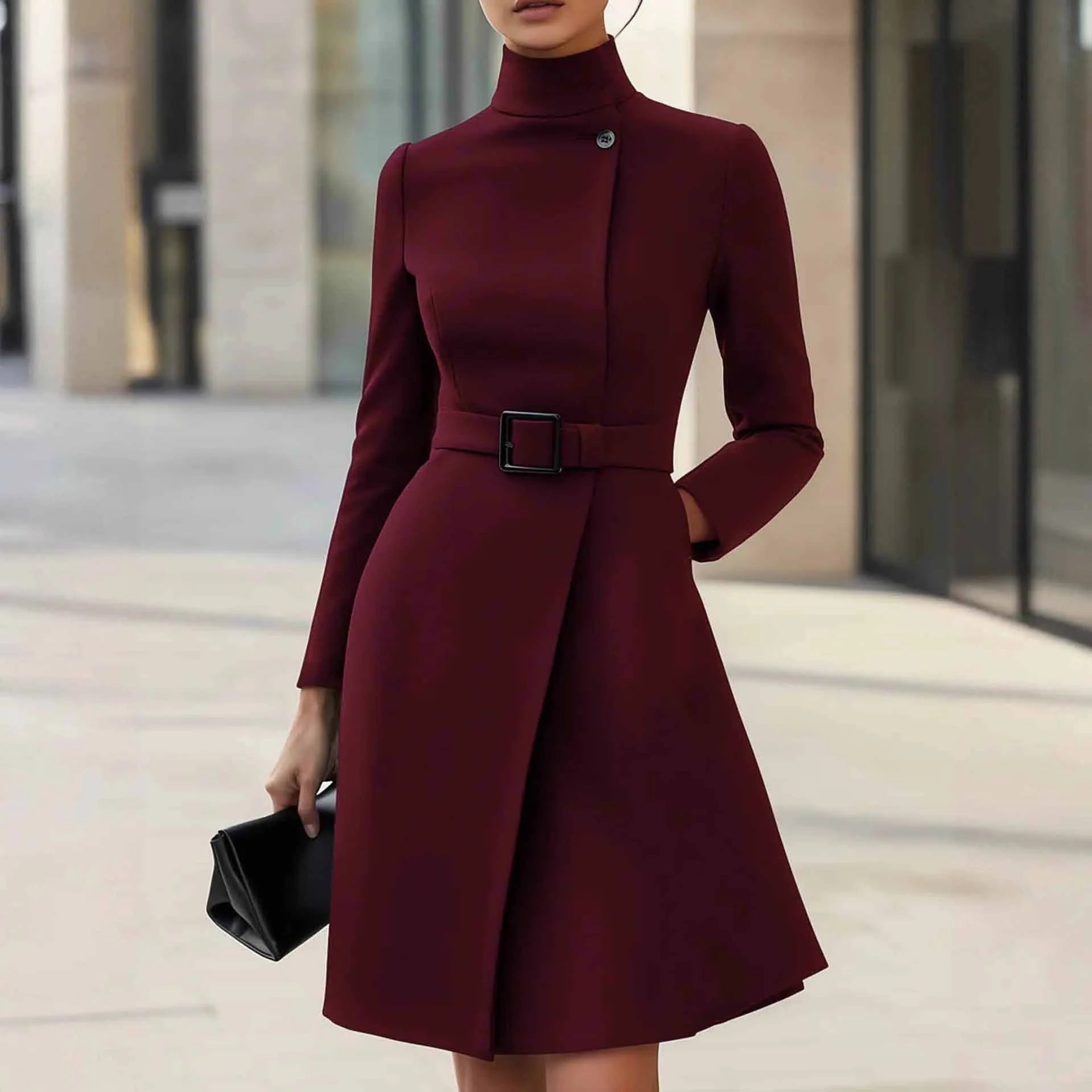 Women's long sleeve bohemian dress with high waist and stand collar in polyester fabric