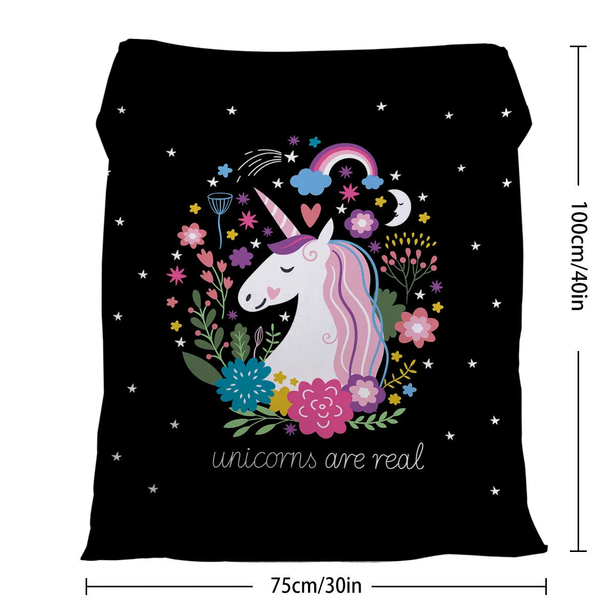 Soft flannel unicorn pattern blanket on black base, 75x100cm throw for sofa or outdoor use