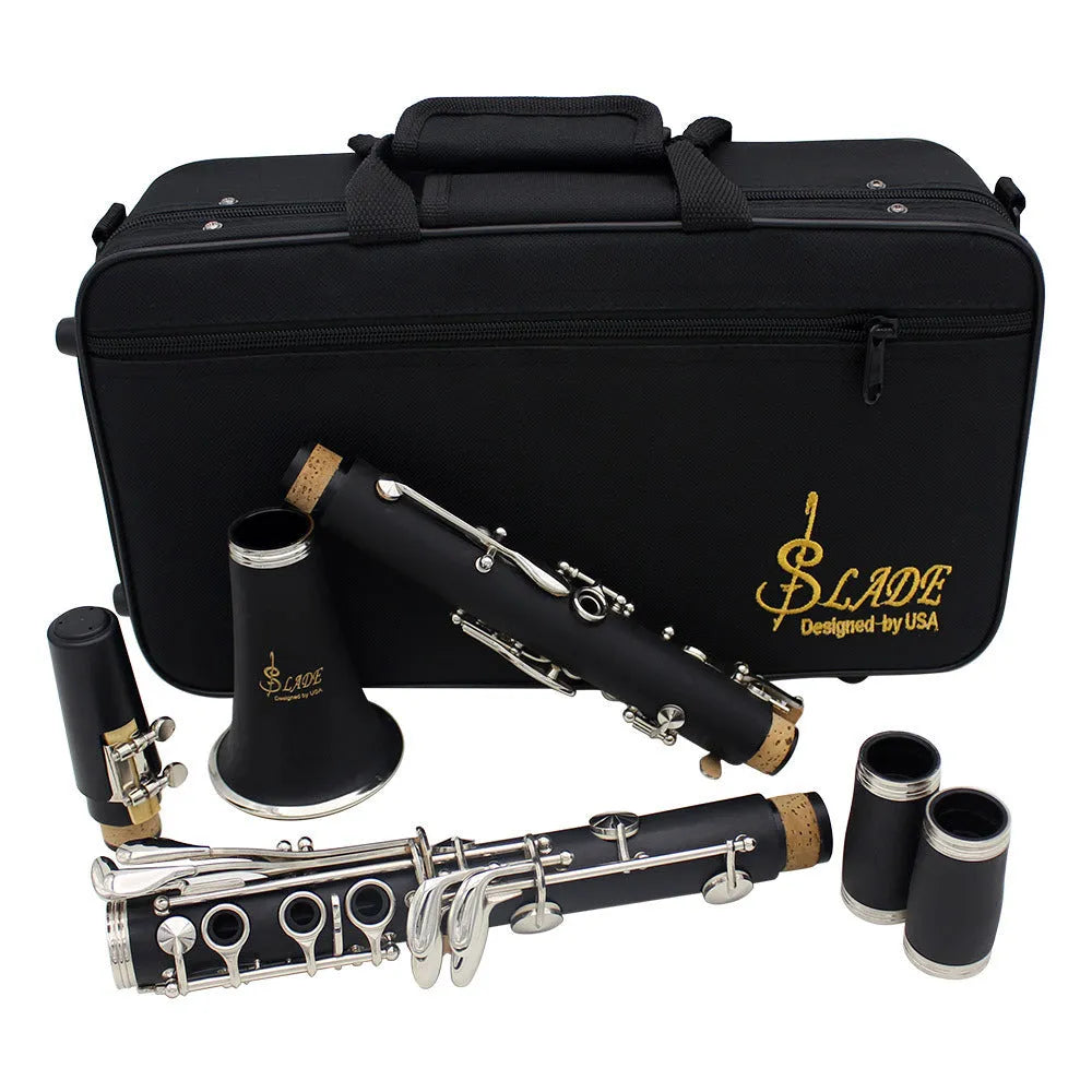 Black Bakelite clarinet with nickel-plated keys showing 67cm length and included carry bag