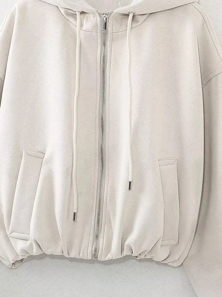 Women's casual hooded jacket in suede fabric available in black or white colours