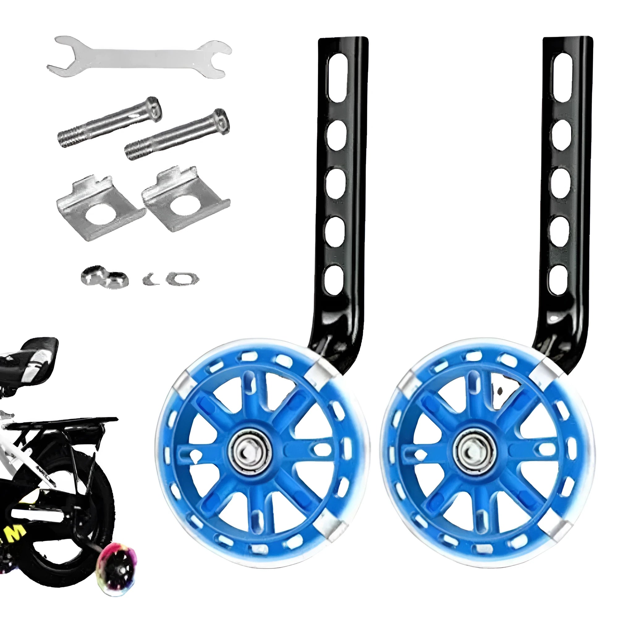Children's metal bicycle training wheels with universal bracket in assorted colours including red, blue, and yellow.