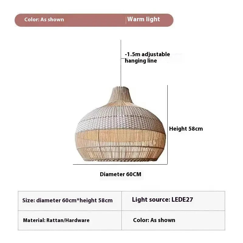 Rattan woven chandelier with a 60cm diameter in a pastoral Southeast Asian style, a ceiling light for living rooms.