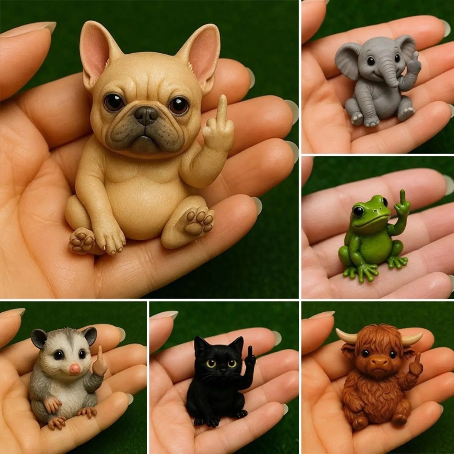 Mini animal vertical middle finger doll resin ornament showing cat, dog, elephant, frog, Highland cattle, mouse, turtle character options