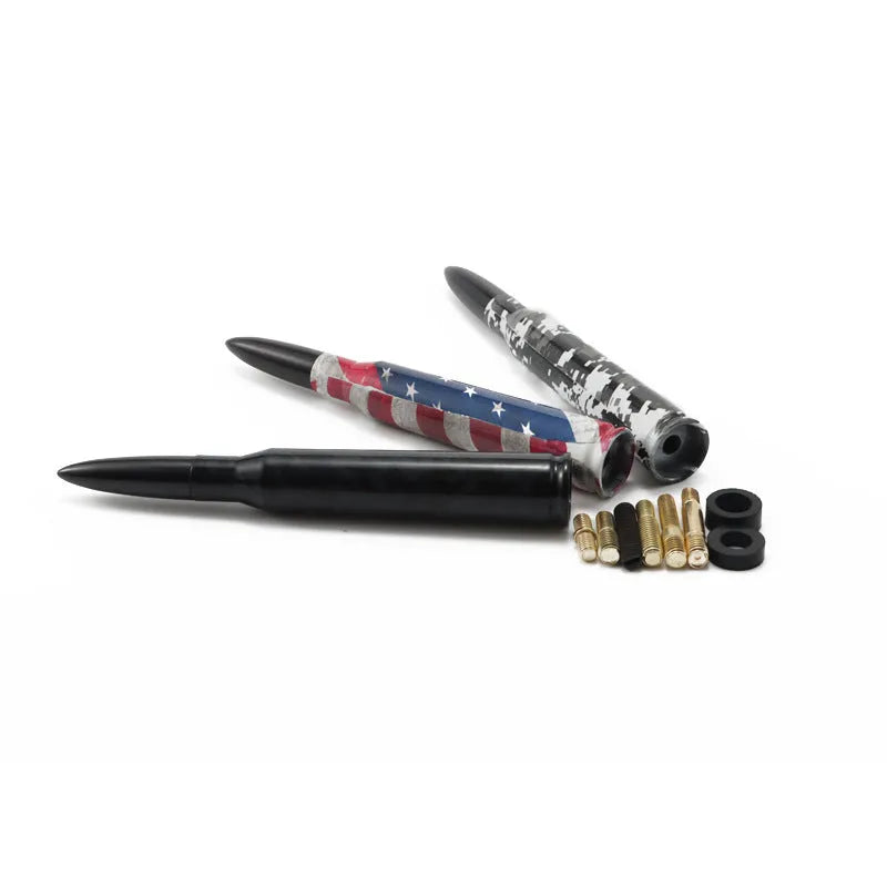 14cm bullet car antenna in camouflage, American flag and black designs