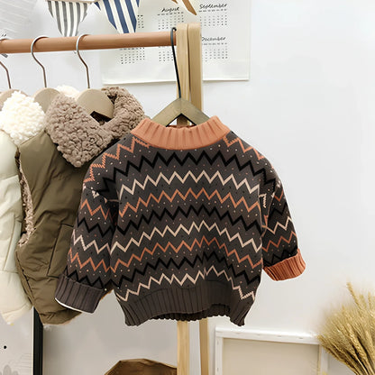 Children's long-sleeve wool sweater in apricot or brown, sizes 90-140cm with measurements length 36-52cm bust 54-74cm sleeve 31-47cm