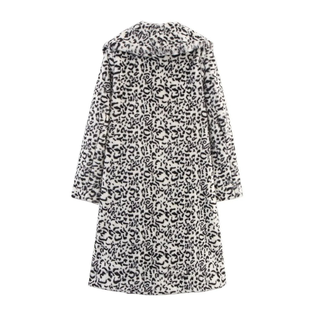 Leopard print lapel loose fake fur long sleeve coat with pockets for women street hipster style
