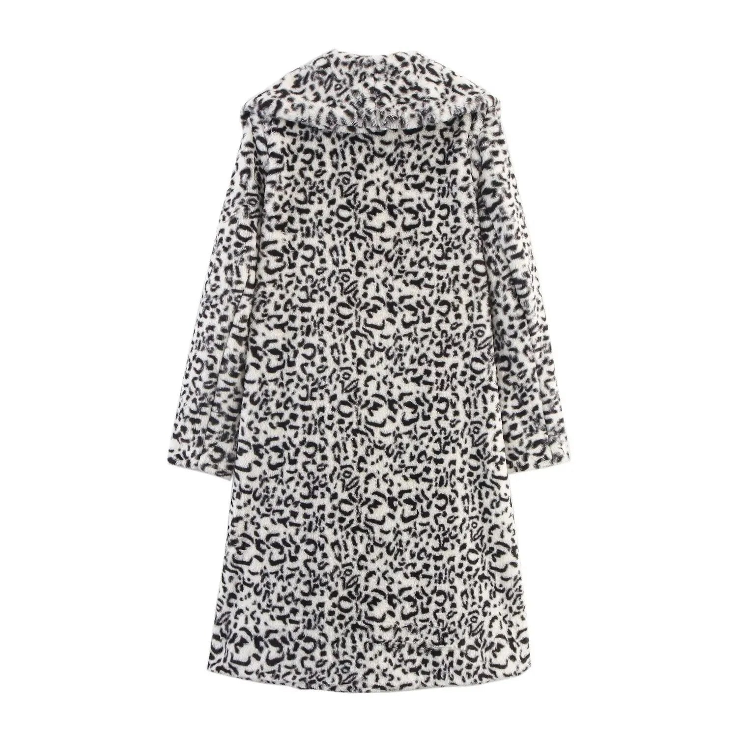 Leopard print lapel loose fake fur long sleeve coat with pockets for women street hipster style