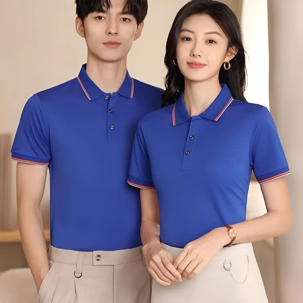 Slim fit cotton blend short sleeved shirt shown in multiple colours including red, navy blue, and white.