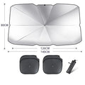 Foldable car sun shade umbrella made from silver tape with UV protection and heat insulation, placed on a car windshield