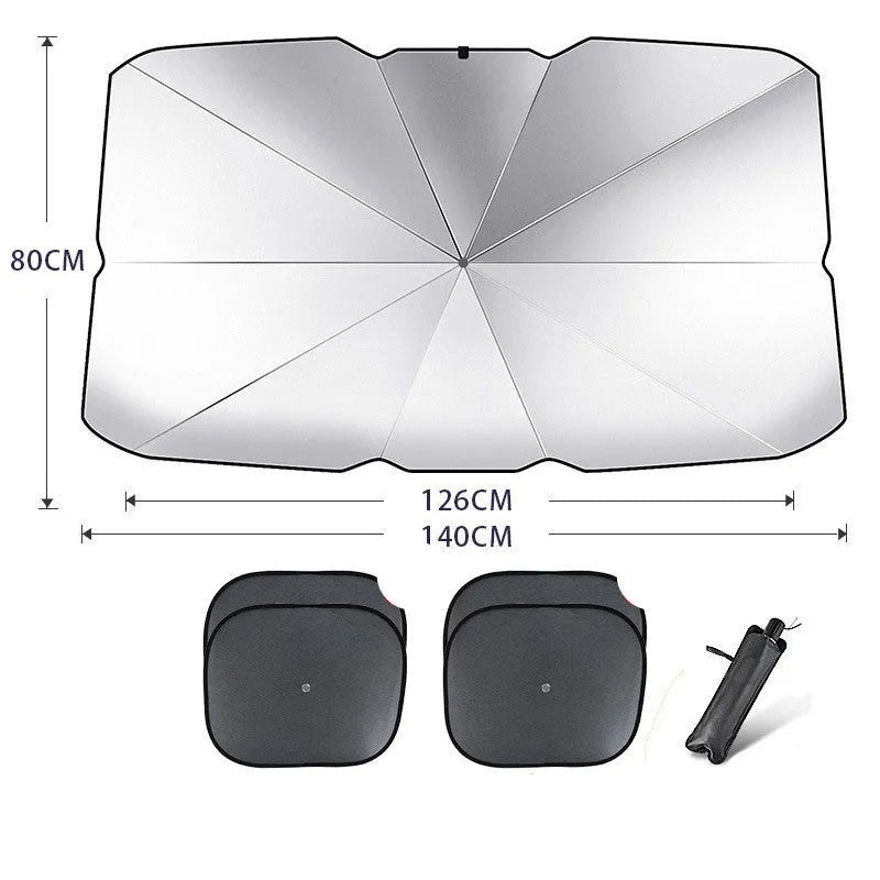 Foldable car sun shade umbrella made from silver tape with UV protection and heat insulation, placed on a car windshield