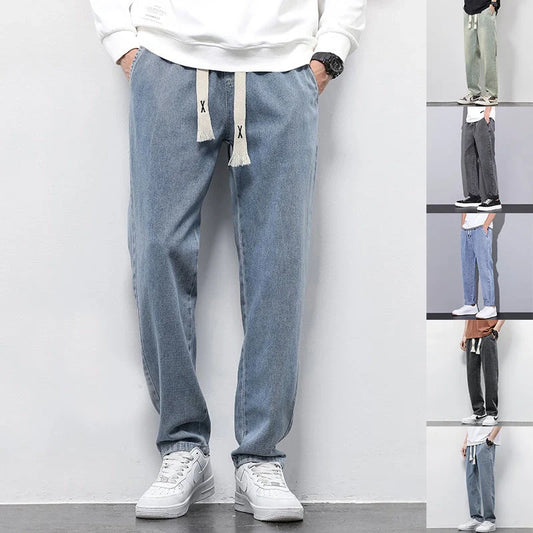 Men's summer loose wide leg jeans in light blue, gray, and retro blue