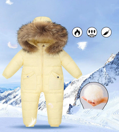 Baby wearing white duck down jacket with hood in yellow colour, suitable for 90-120cm heights