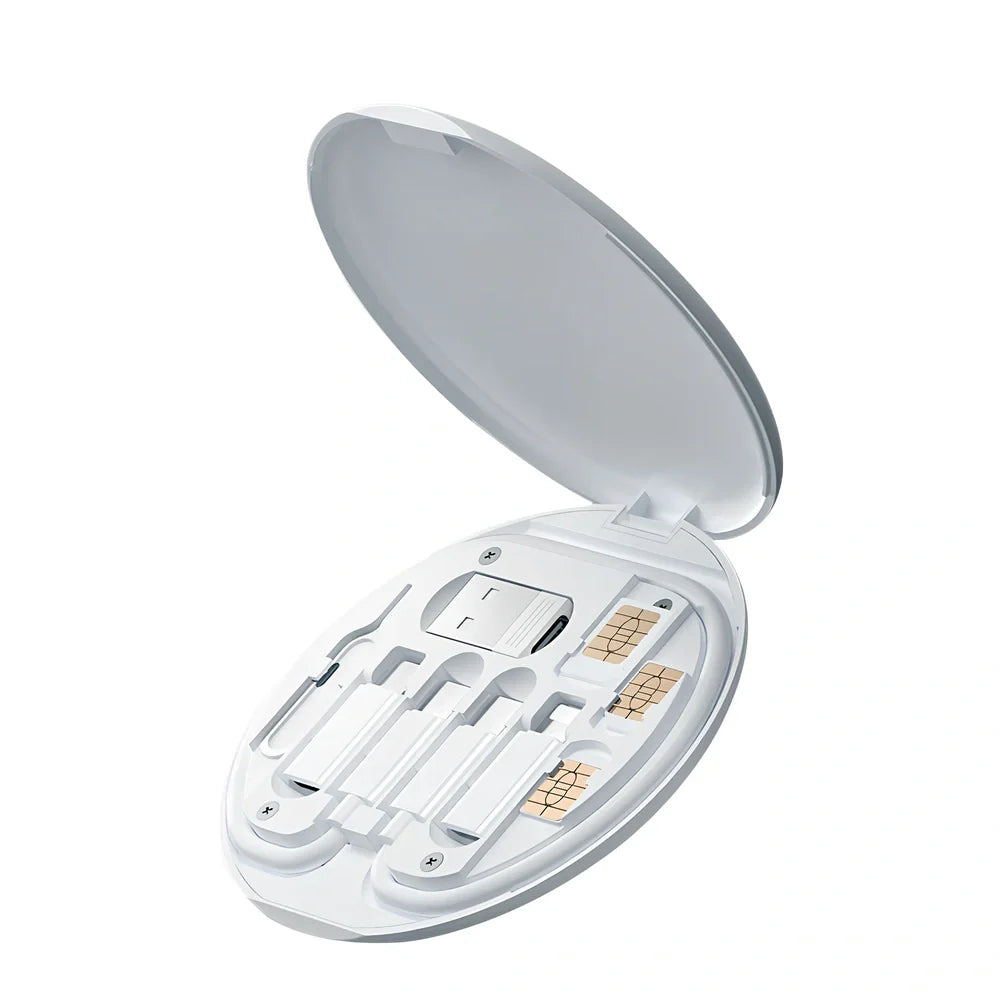 White 60W multi-function charging cable storage box with Type-C, Lightning, USB interfaces and card slots