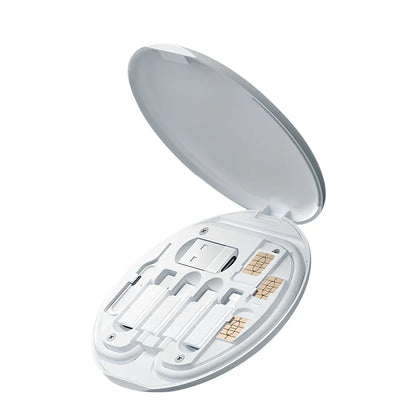 White 60W multi-function charging cable storage box with Type-C, Lightning, USB interfaces and card slots