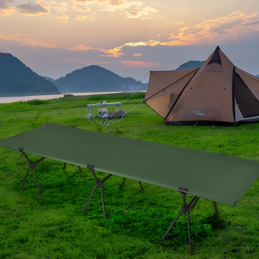 Portable folding camp bed with aluminium brackets in khaki colour, shown folded and in storage bag