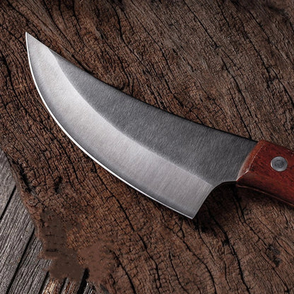 MCD108 small vegetable knife with forged leather sheath, 5Cr15 martensitic steel blade, and solid wood handle