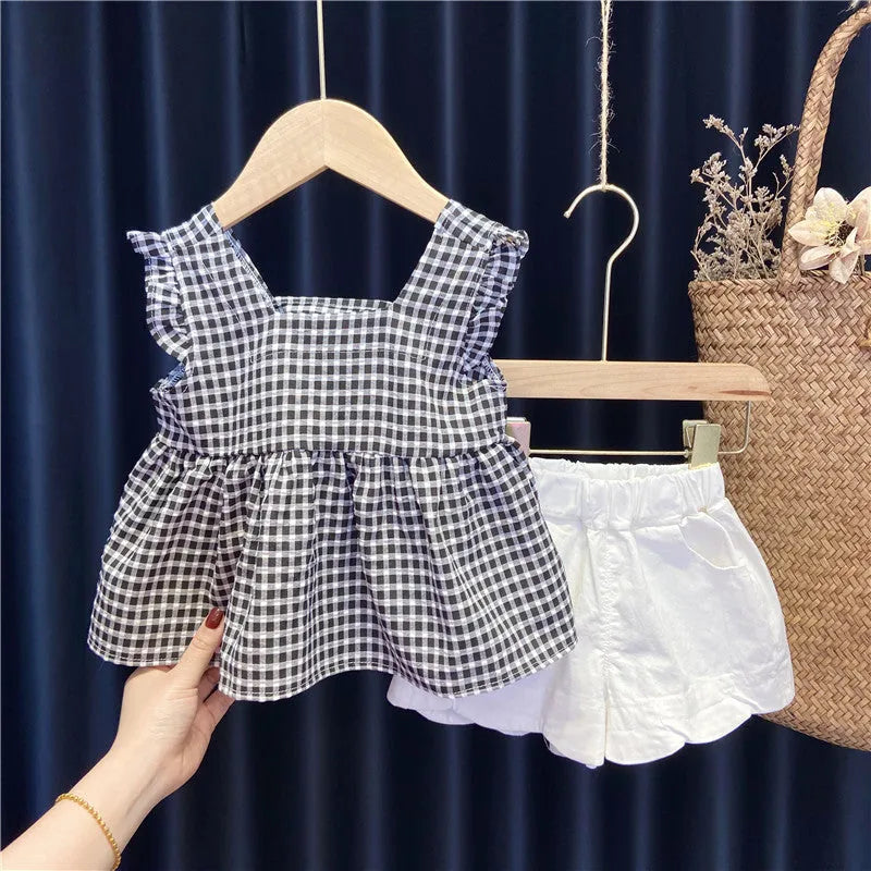 Girls summer two-piece set black suit long sleeve top and shorts Korean style polyester blend 80-130cm