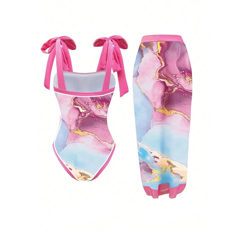 Women's printed sheath swimsuit with matching skirt for swimming activities