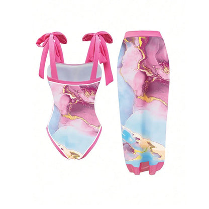 Women's printed sheath swimsuit with matching skirt for swimming activities