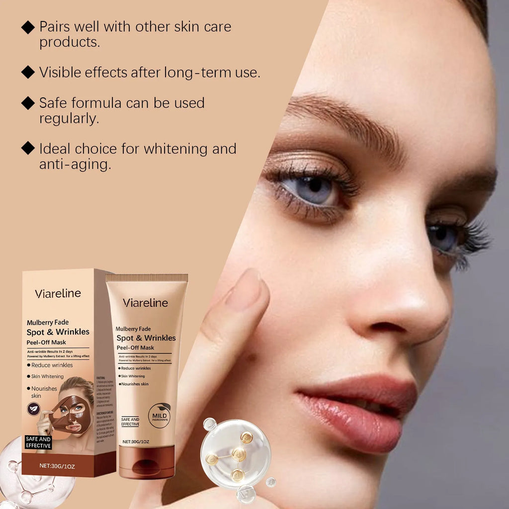 Single sheet facial mask in open packaging for anti-wrinkle and brightening care on delicate skin.