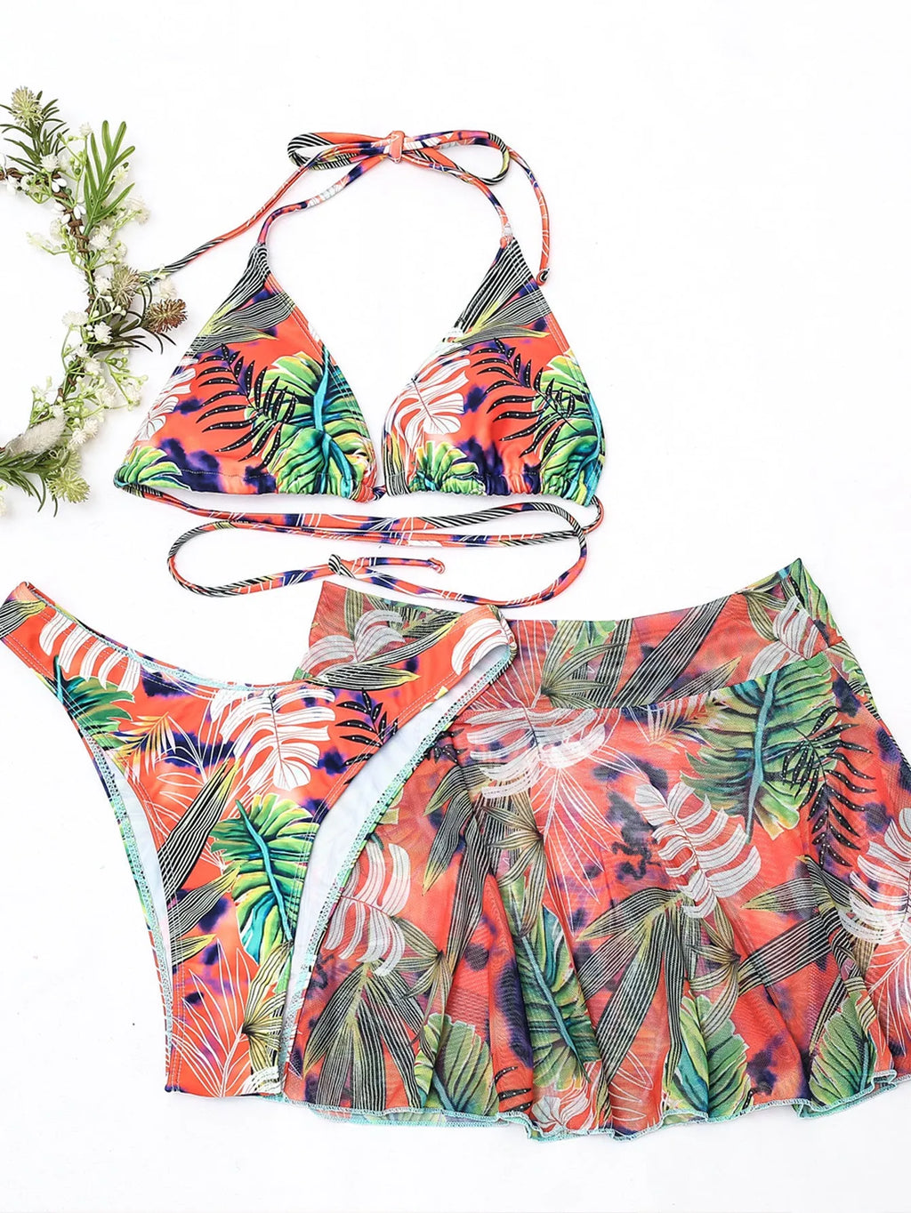Big flower leaf printed three piece swimsuit bikini set in green colour with bra pants and skirt