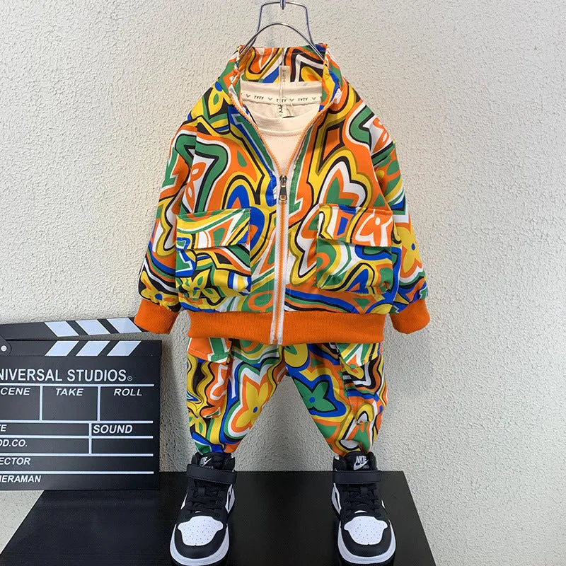 Orange and blue spring children's cotton two-piece shirt and trousers set for boys