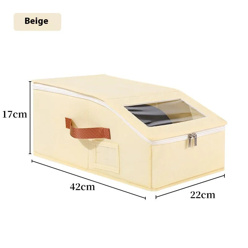 Grey foldable woven fabric storage box for baseball caps and shoes, shown with dimensions 42cm by 22cm by 17cm.