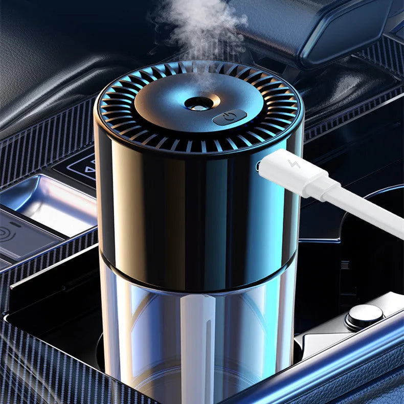 AI spray perfume humidifier with glass seat and USB plug, 12.7cm tall.