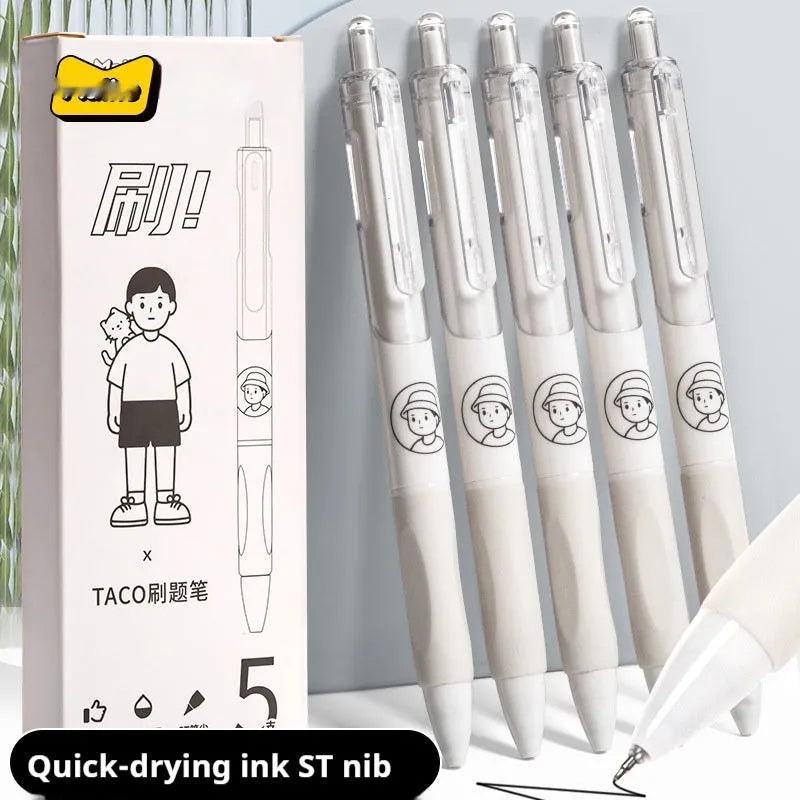 Five black ballpoint pens with press mechanism and 0.5mm quick-drying ink for student exams