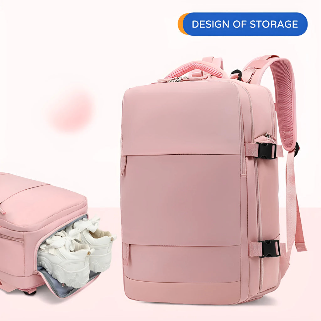 Large black waterproof mummy-style travel backpack on a neutral background.