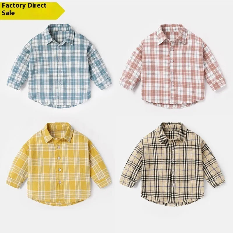 Boys long sleeve cotton shirt with lattice pattern in khaki, light blue, pink, and yellow colours.