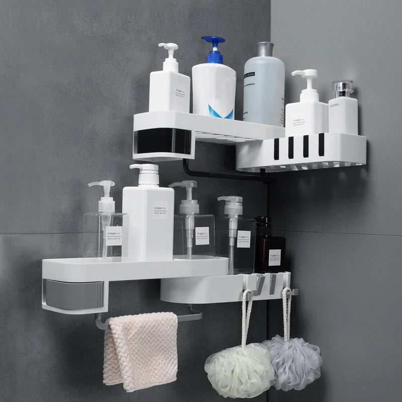 Double-layer wall-mounted storage shelf in black and grey, perfect for bathroom and kitchen organization