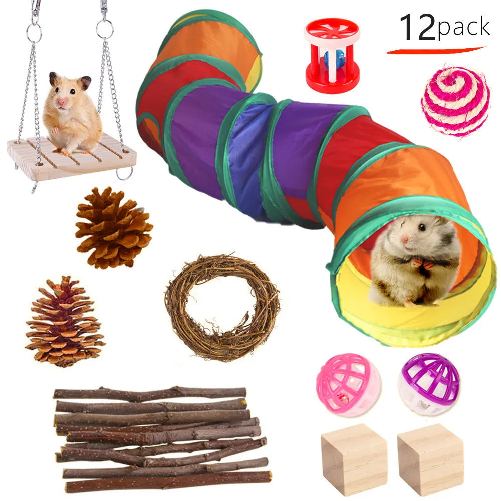 Wooden pet toy set for rabbits, guinea pigs, and parrots with various chew items