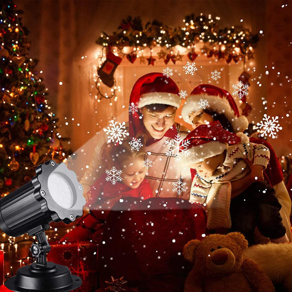 LED Christmas snowflake laser projector with white snowfall pattern on a garden lawn at night