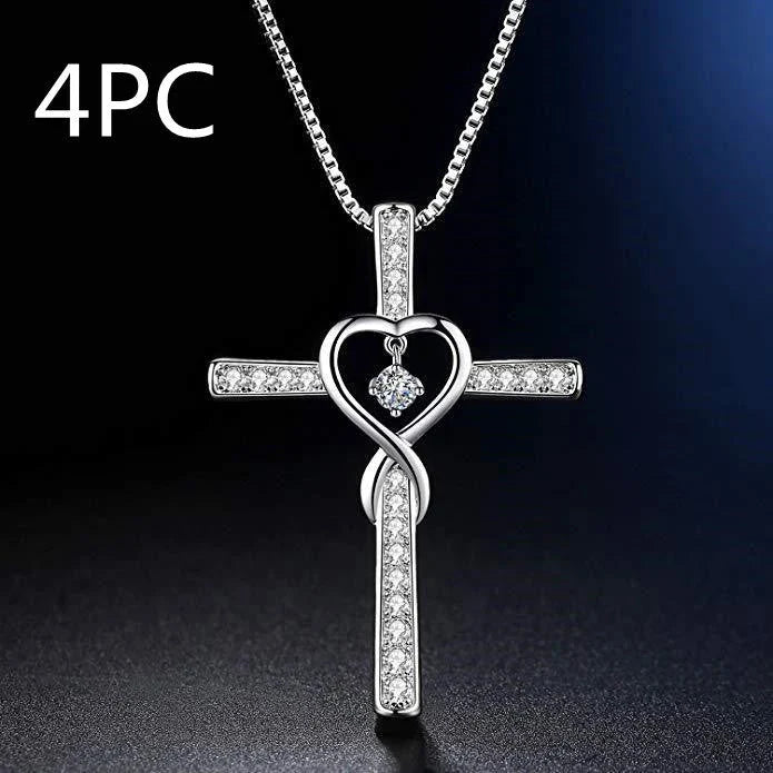 Christian Cross Birthstone Pendant Necklace with Zircon Heart in gold-plated finish