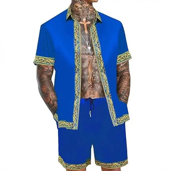 Men's casual loose short sleeve shirt and shorts Hawaii suit in polyester fabric summer set with eight colour options