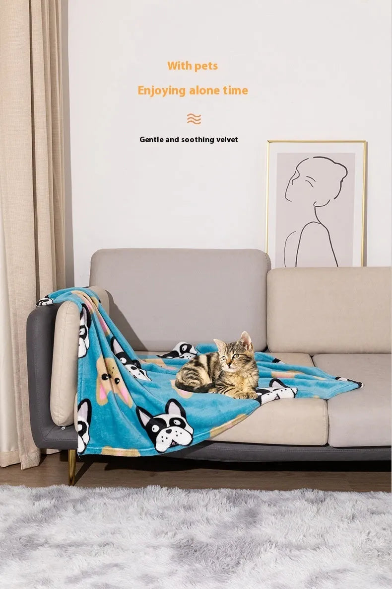 Blue Dog cartoon pattern pet blanket showing double-sided flannel texture and 100x120cm size