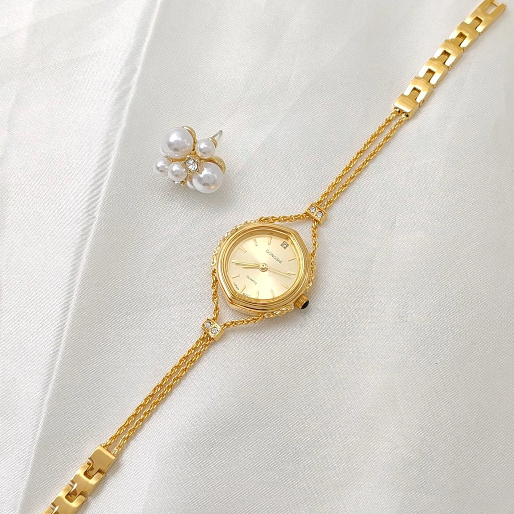 Women's Mori style quartz watch with 25mm dial, 7mm thickness, and chain strap in gold or silver