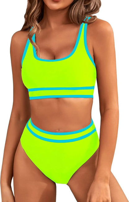 Women's tight-fitting solid colour bikini swimsuit with 15% spandex lining, available in multiple vibrant colours