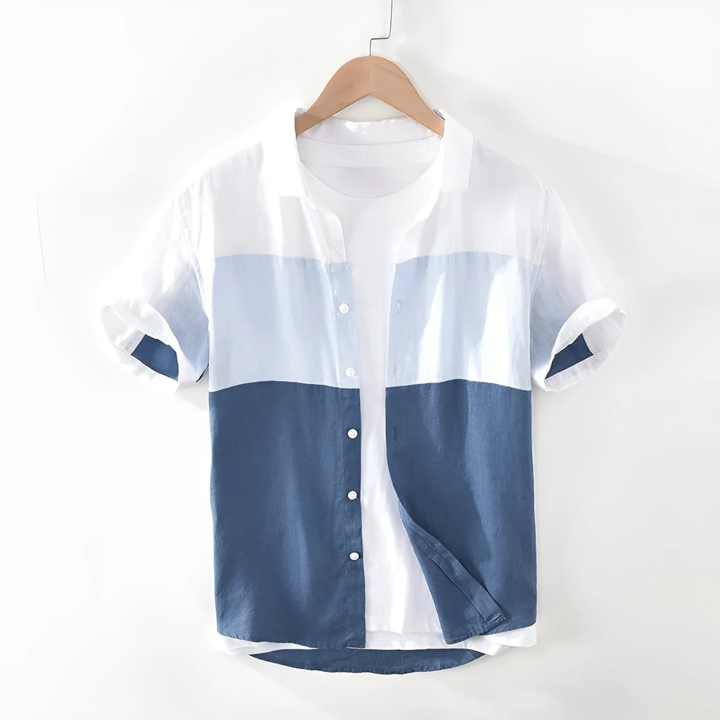Men's white patchwork linen short sleeve shirt cardigan with square collar loose fit