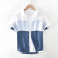 Men's white patchwork linen short sleeve shirt cardigan with square collar loose fit
