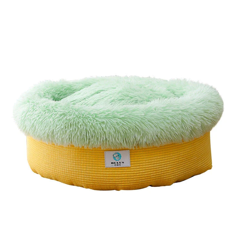 Plush pet bed in yellow pineapple design with soft, supportive cushion for comfortable deep sleep