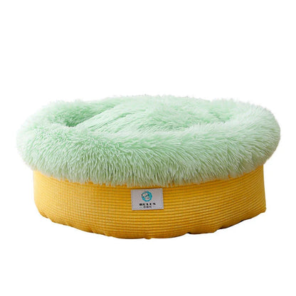 Plush pet bed in yellow pineapple design with soft, supportive cushion for comfortable deep sleep
