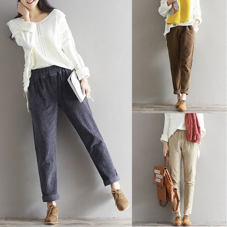 Large size women's thin corduroy pants with adjustable waist for autumn and winter wear