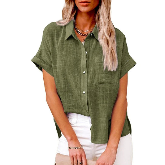 Women's cotton linen short-sleeved shirt with pocket in black, white, army green, and blue