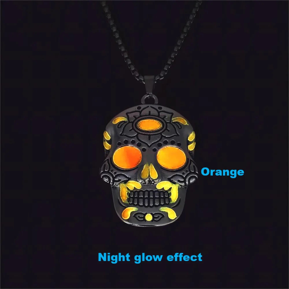 Halloween luminous skull necklace with Day of the Dead lotus pattern