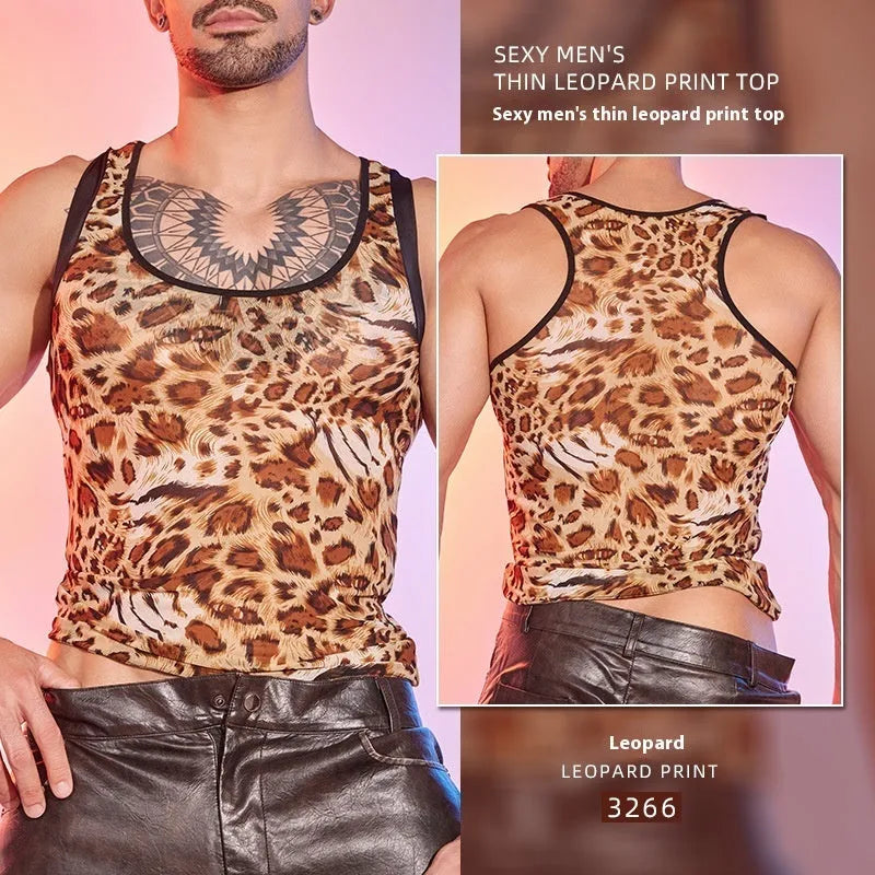 Men's leopard print lingerie top in breathable mesh fabric