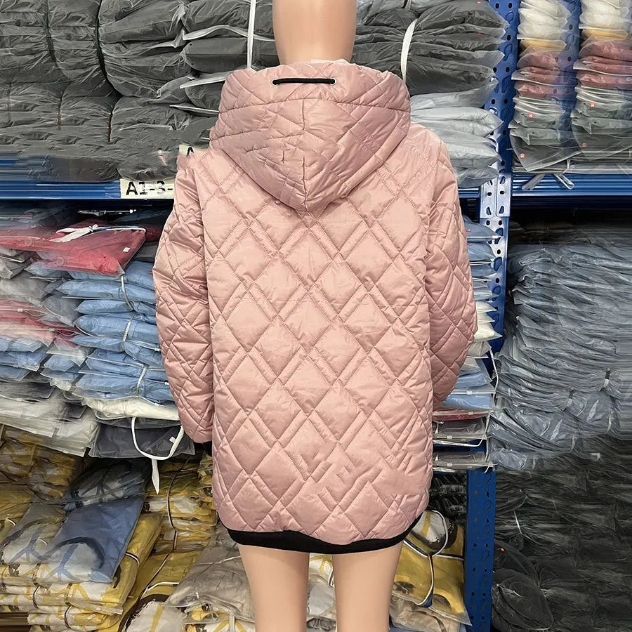 Women's pink hooded polyester coat with regular long sleeves showing front view